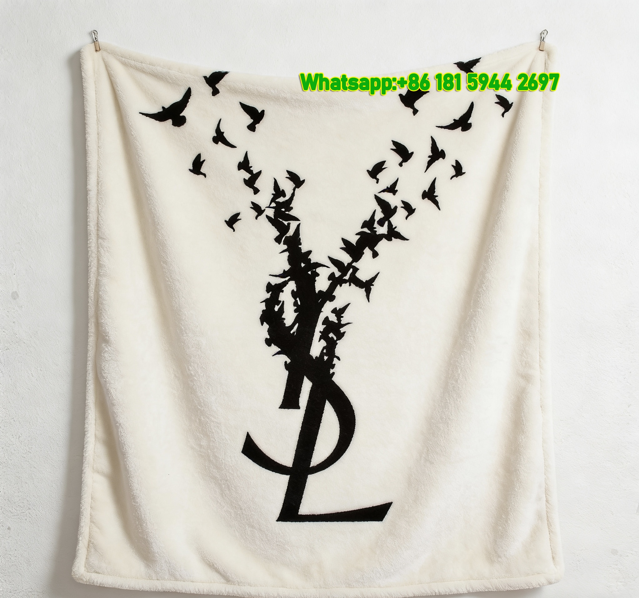 Yves Saint Laurent YSL Black and White Flying Birds Logo Print Flannel Throw Blanket IMG_3279